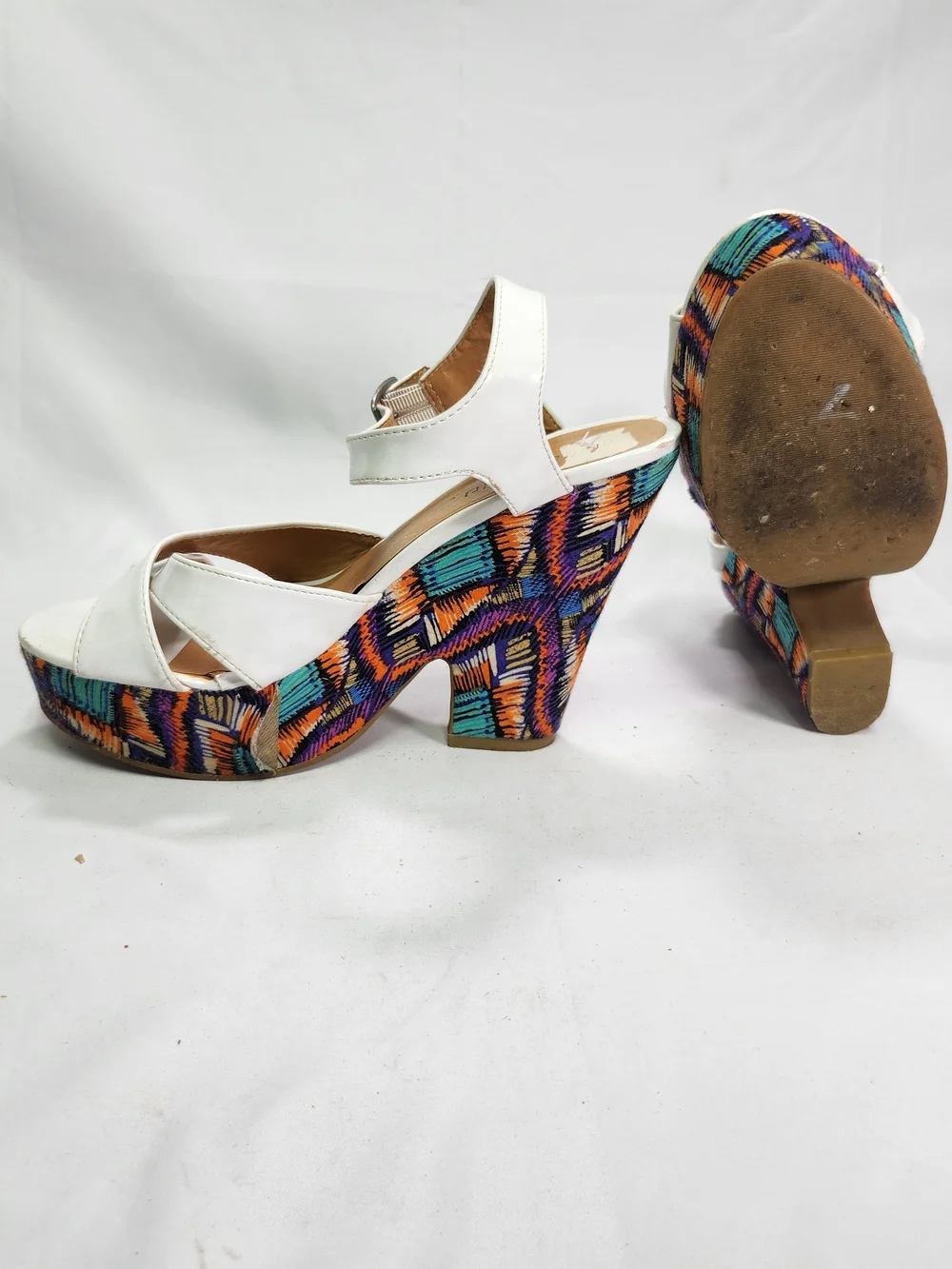 Madden Girl White Patent Strappy Platform Sandals with Colorful Patterned Wedge